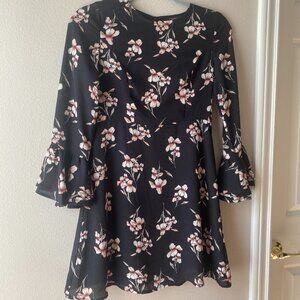 Olivaceous black and pink floral mini-dress with ruffle 3/4 sleeves